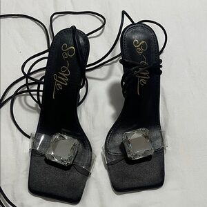 So Me Black Heels with Clear Crystal Detail